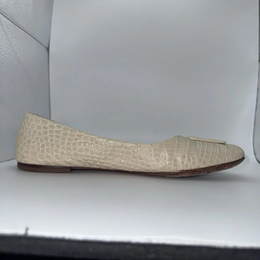 Tory Burch Georgia Ballet Flats Ivory Croc Embossed Logo Womens 10.5M